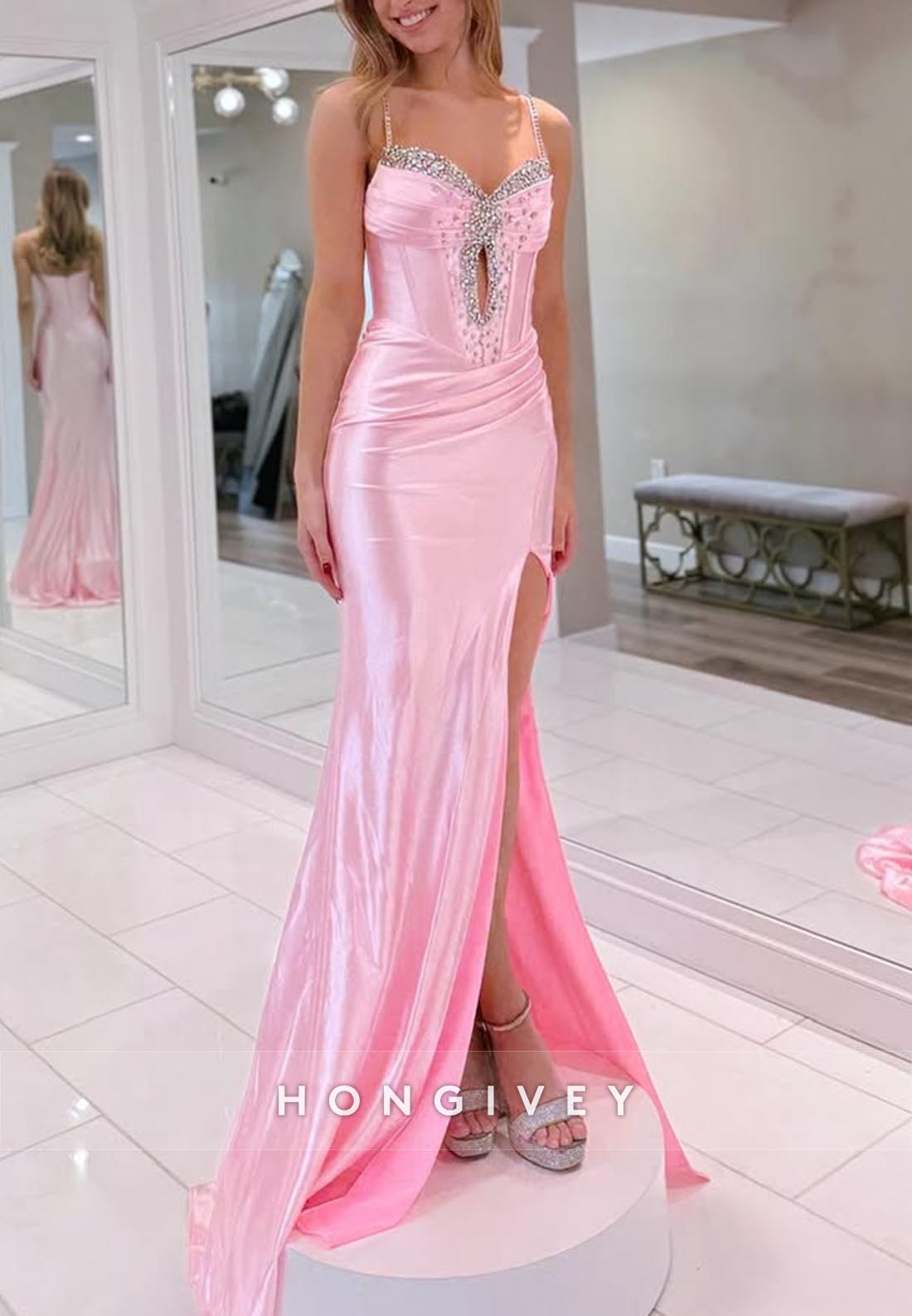 Pink Spaghetti Straps Rhinestone Mermaid Long Prom  Dresses