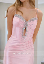 Pink Spaghetti Straps Rhinestone Mermaid Long Prom  Dresses