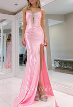 Pink Spaghetti Straps Rhinestone Mermaid Long Prom  Dresses