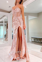 Sweetheart Corset Rhinestone  High Slit Guest  Long Prom  Dresses With Sweep Train