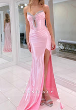 Pink Spaghetti Straps Rhinestone Mermaid Long Prom  Dresses