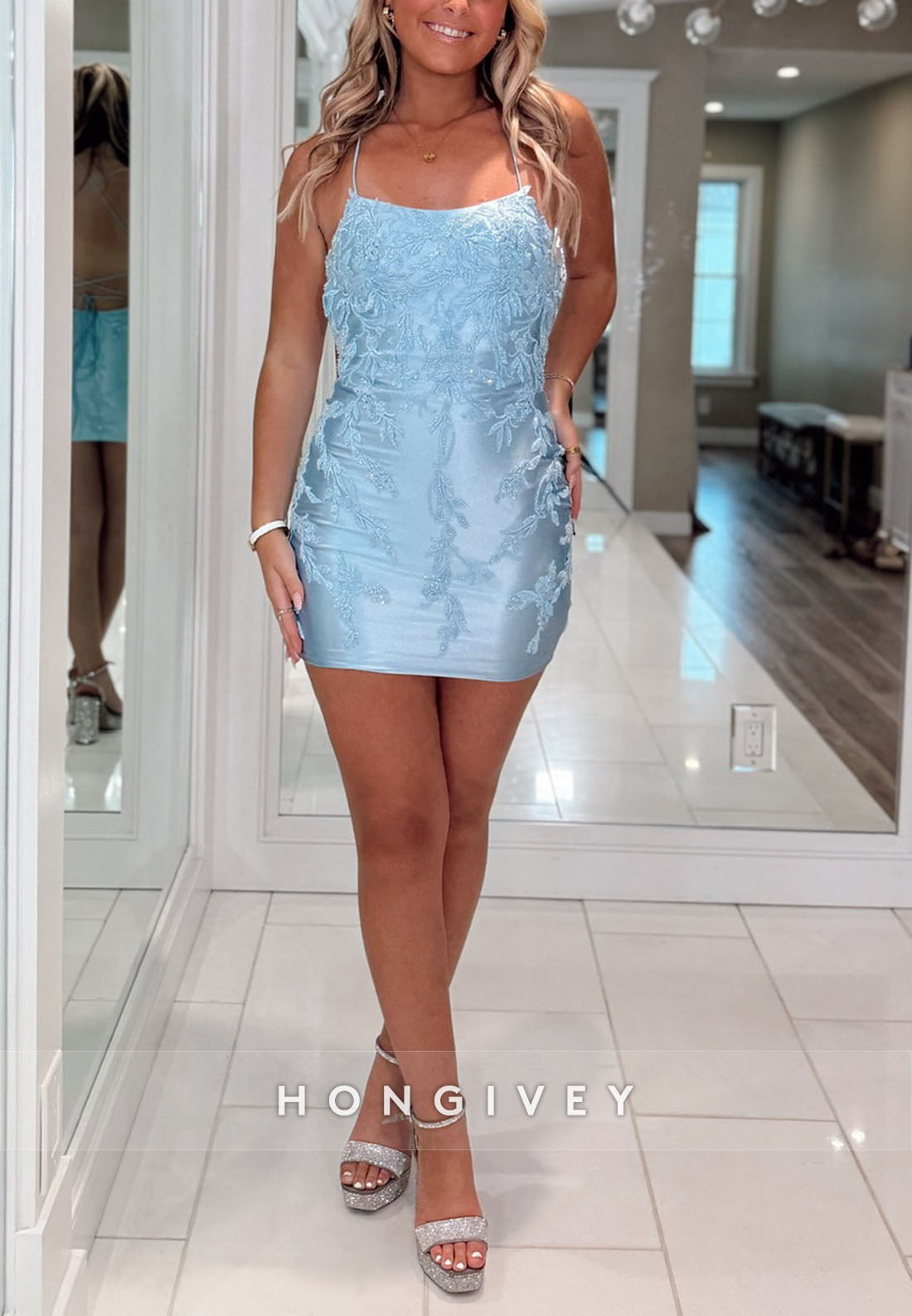 Spaghetti Straps Embroidery Sheath Crisscross Back Mini Homecoming Dress