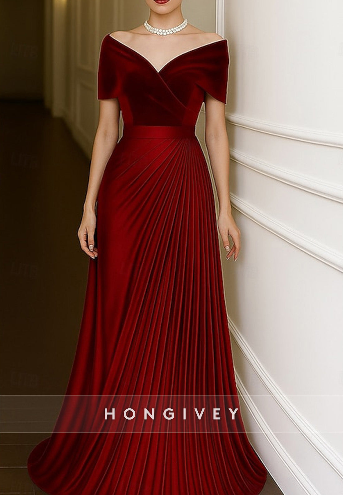 Velvet Off the Shoulder Short Sleeves A-Line Floor Length Evening Gown with Ruffles