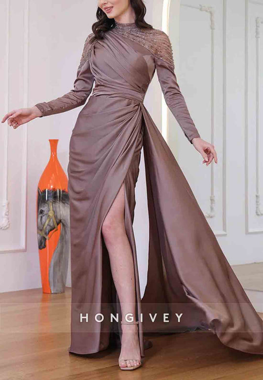 Side Draping High Slit Sheath High Neck Long Sleeve Pleated Beading Evening Gown