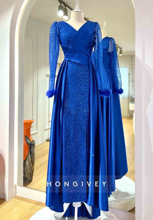 Long Sleeve V Neck Feather Pleated A-line Evening Gown Beading