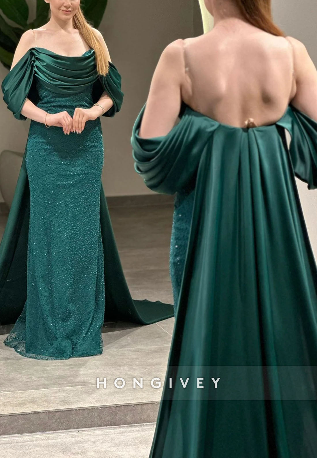Off-Shoulder Ruched Mermaid Floor-Length Evening Gowns with Beading