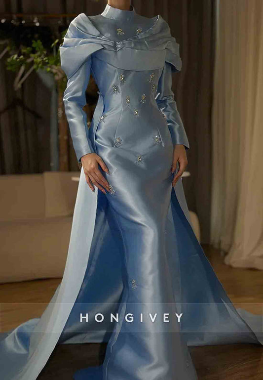 Shawl Column High Neck Long Sleeves Satin Appliqued Evening Gowns