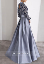 Pleated Long Sleeve Satin Waistband Flower Illusion Neck Beading Evening Gown