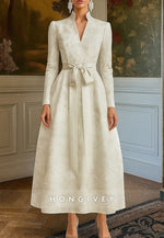 A-Line Evening Gown Long Sleeve V Neck Ankle-Length with Bowknot Mother of the Bride Dress