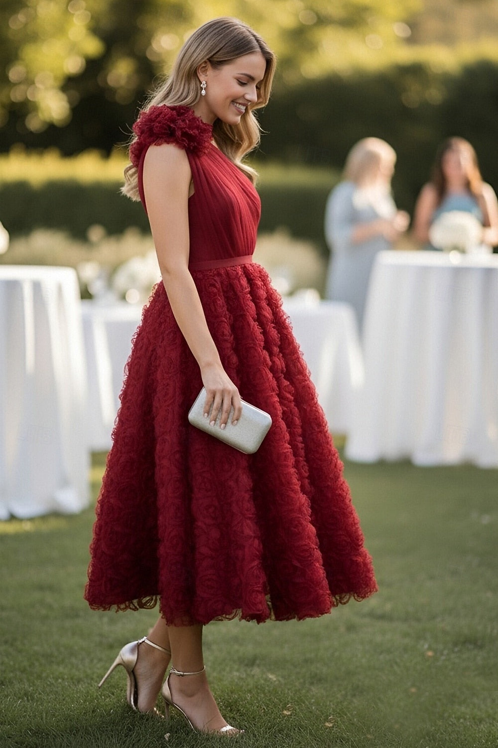 A-Line Sleeveless Ruffles Tea-Length Evening Dress