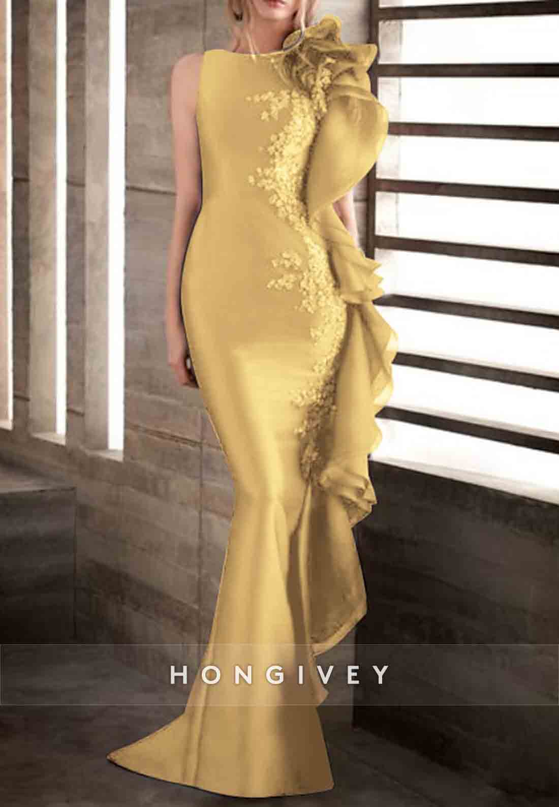 Sleeveless Satin Mermaid Floor-Length Appliqued Evening Gowns with Ruffles