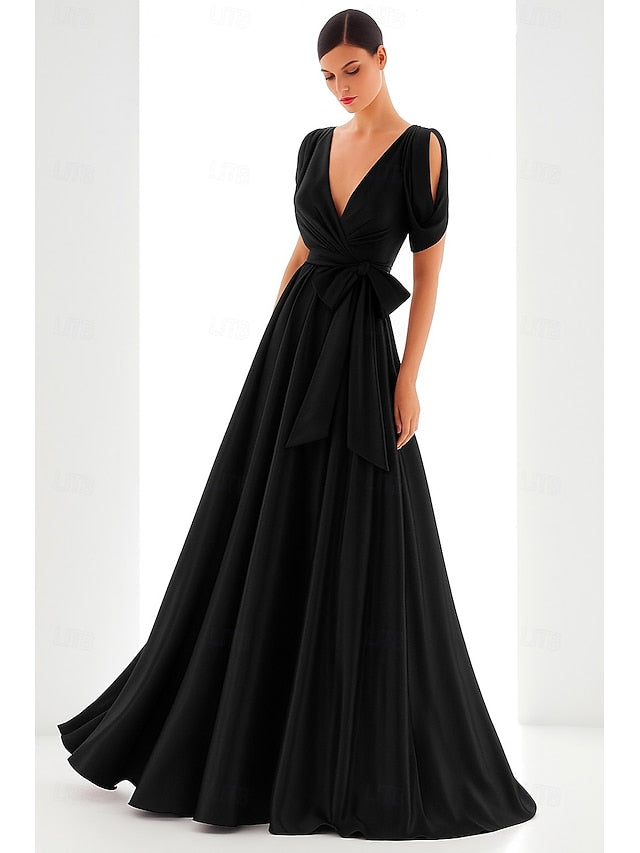 V-Neck Half Sleeve Bow A-Line Evening Dress Mother of the Bride Dress