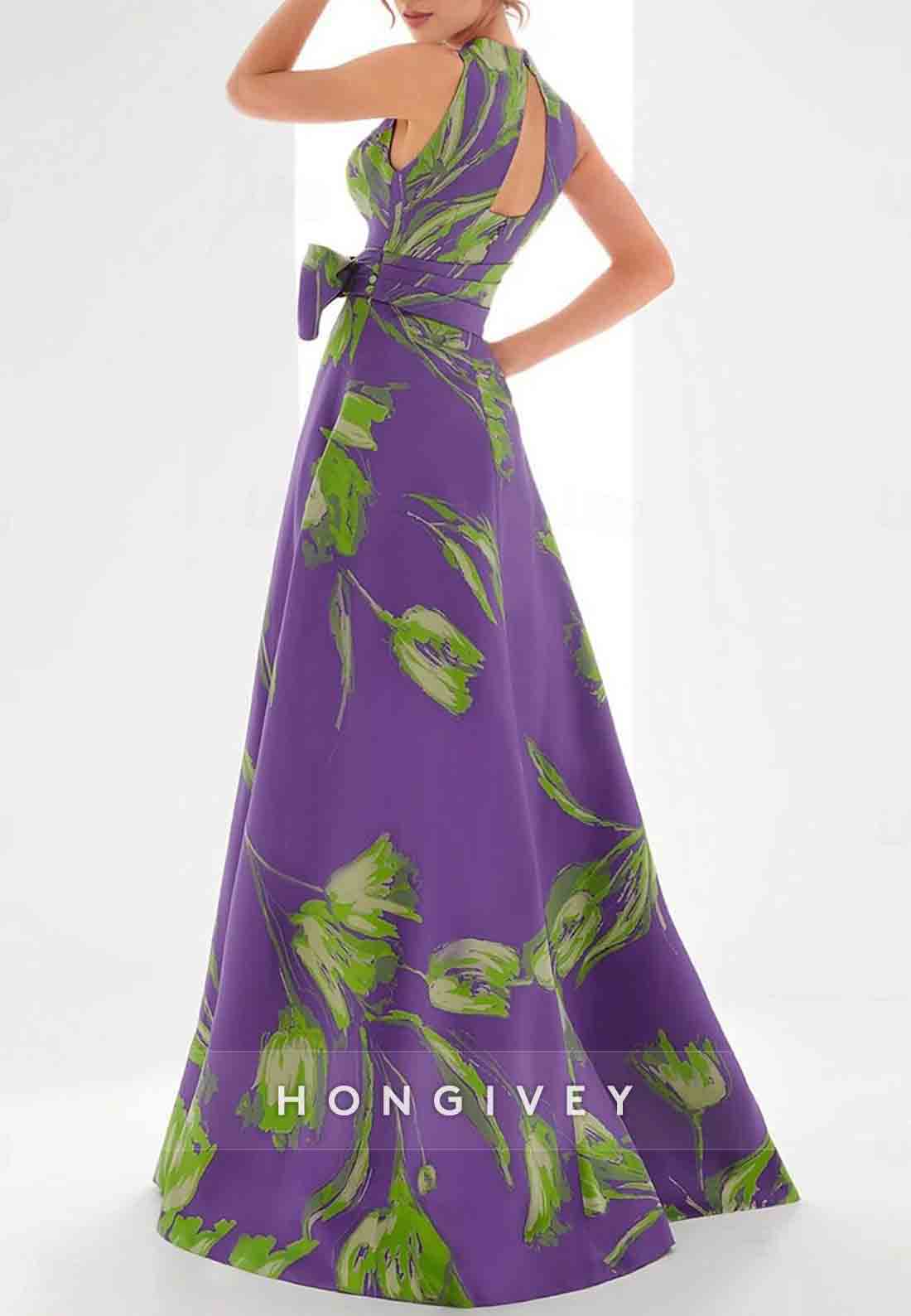 Low V-Neck Floral Print A-Line Elegant Guest of Wedding Evening Gowns with Bowknot