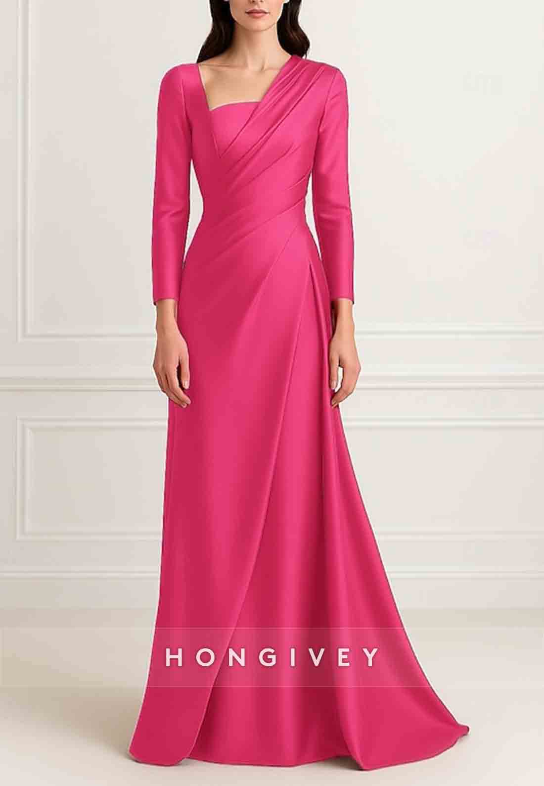 A-Line Evening Gown Formal Wedding Floor Length Long Sleeve Stretch Satin with Pleats Ruched