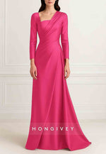 A-Line Evening Gown Formal Wedding Floor Length Long Sleeve Stretch Satin with Pleats Ruched