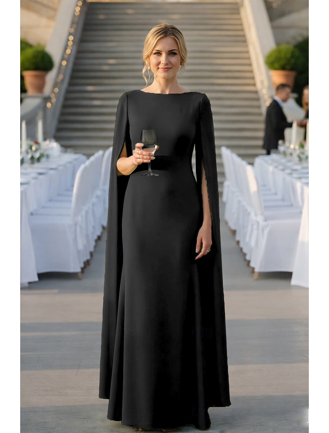 Cape Sleeve Floor-Length Mermaid Evening Gown Mother of the Bride Dress