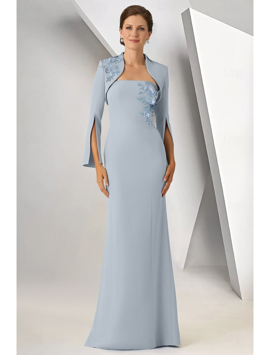 Applique Cape Sleeve Mermaid Evening Down Mother of the Bride Dress