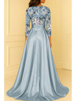 O-Neck Flowers Floral Print Long Sleeve A-Line Floor-Length Evening Dress