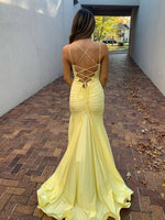 Yellow V Neck Satin Mermaid Long Prom Dress With Split