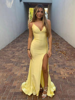 Yellow V Neck Satin Mermaid Long Prom Dress With Split