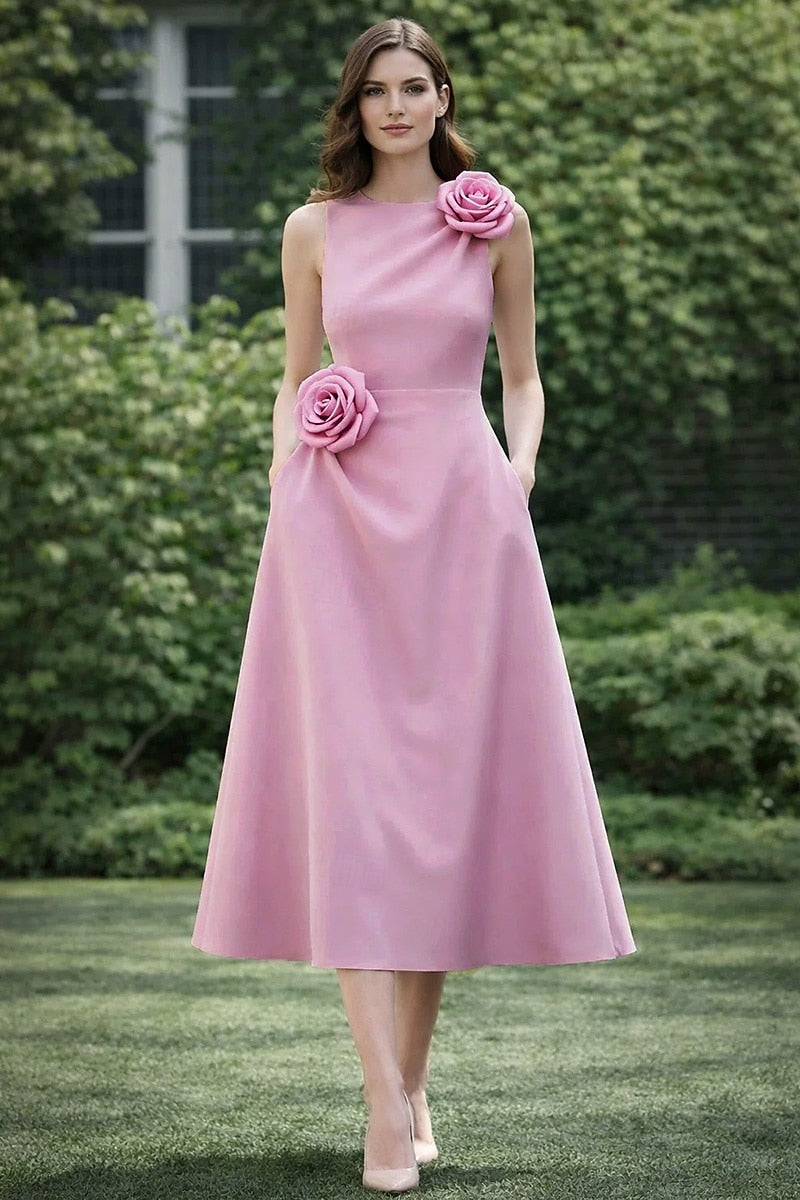 O-Neck Sleeveless Flowers A-Line Tea-Length Evening Dress