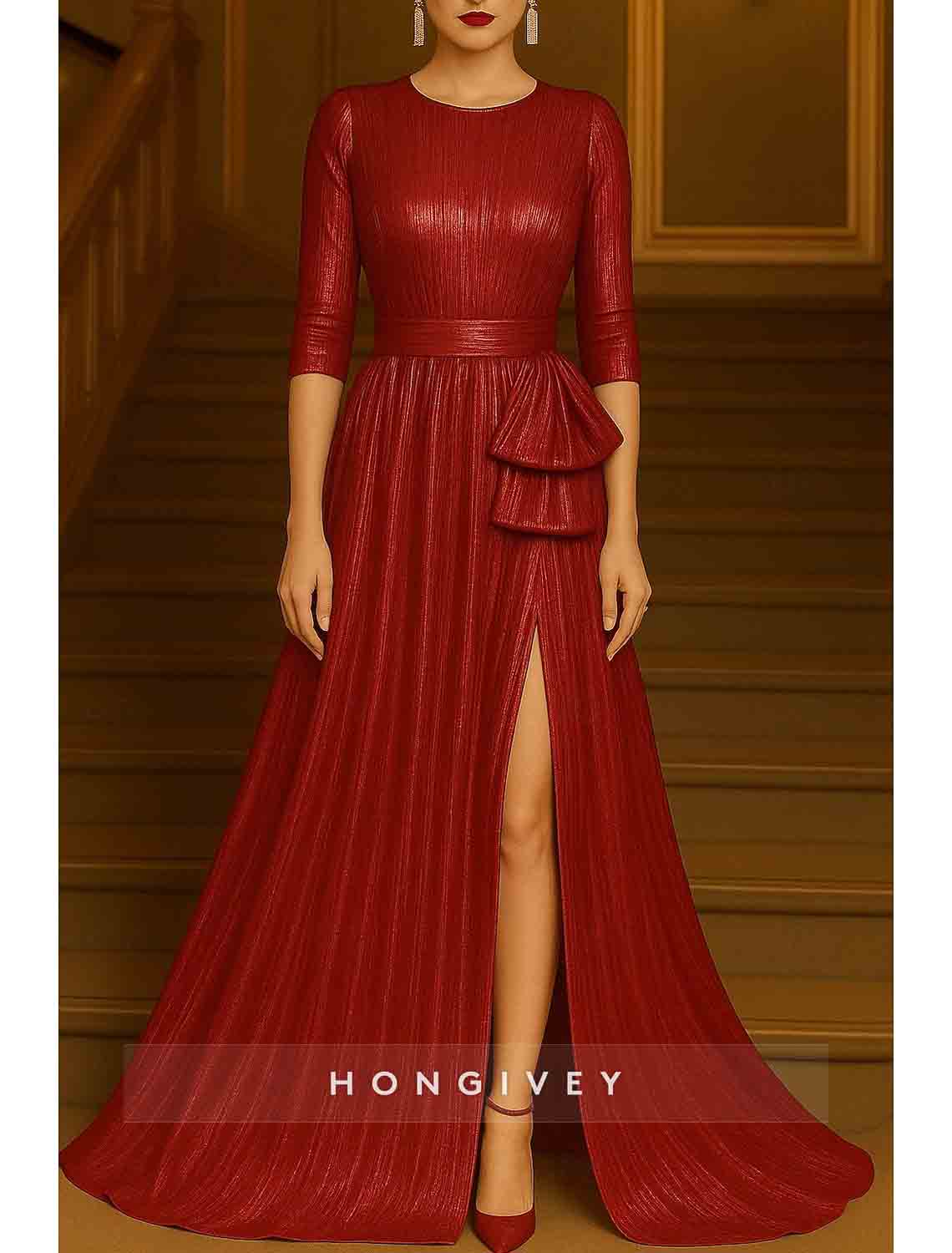 3/4 Sleeve O-Neck A-Line Bow Slit Evening Dress