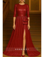 3/4 Sleeve O-Neck A-Line Bow Slit Evening Dress