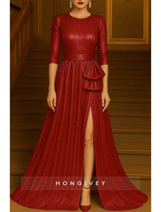 3/4 Sleeve O-Neck A-Line Bow Slit Evening Dress