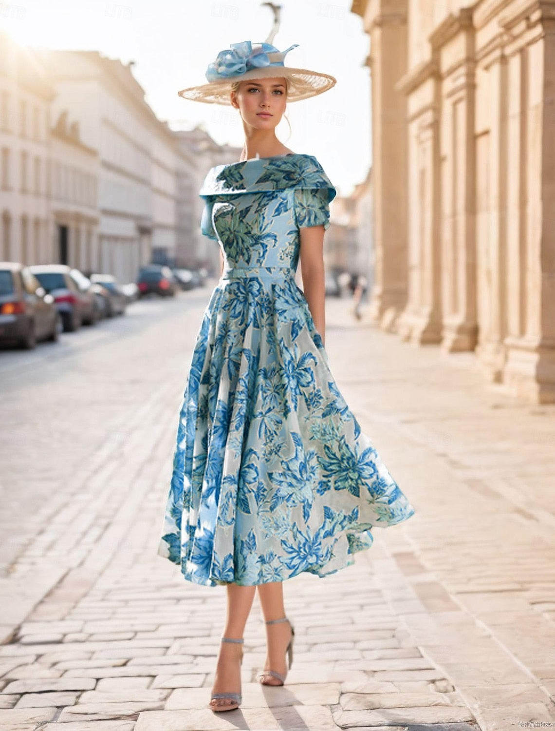 Blue Floral Print Half Sleeve A-Line Tea-Length Evening Dress