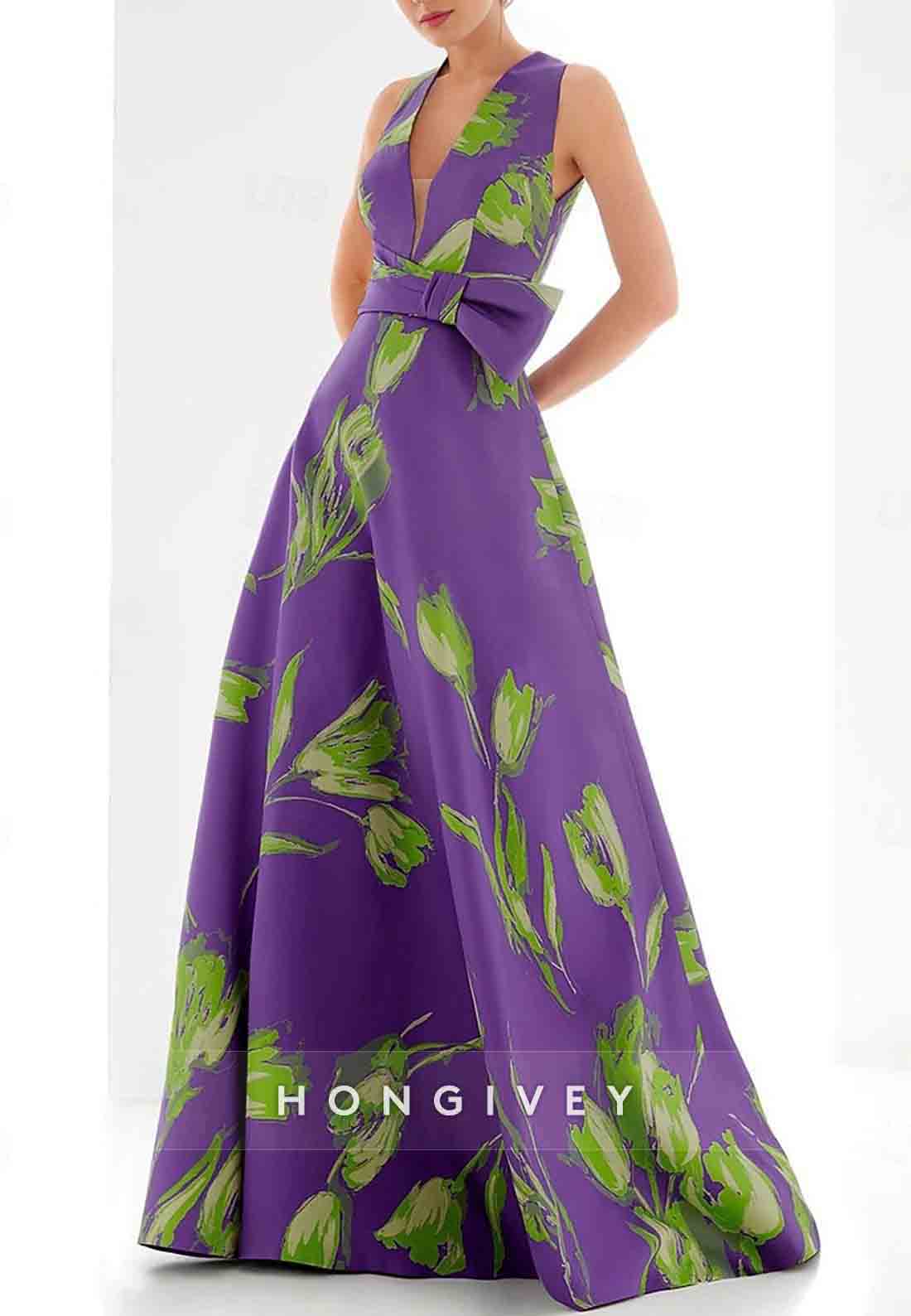 Low V-Neck Floral Print A-Line Elegant Guest of Wedding Evening Gowns with Bowknot