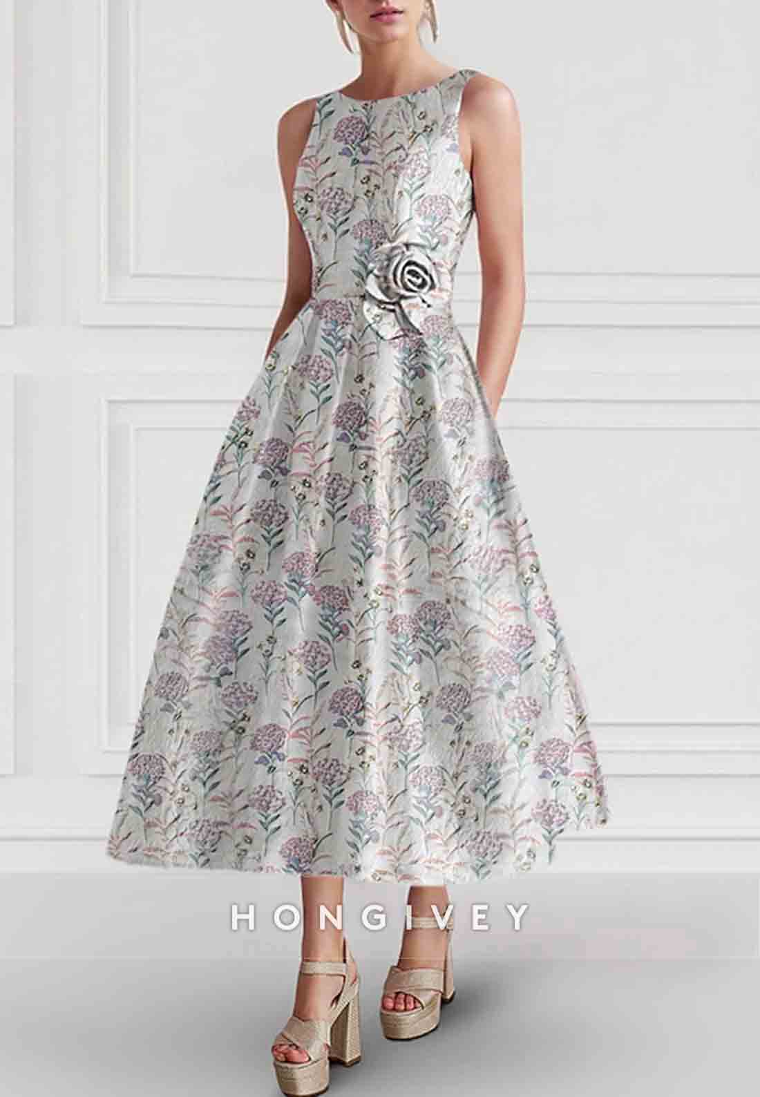 A-Line Flowers Sleeveless Tea-Length Low Back Semi Formal Evening Gown