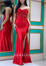 Strapless Elastic Satin Sweetheart Floor-Length Sleeveless Side Slit Trumpet Evening Gowns