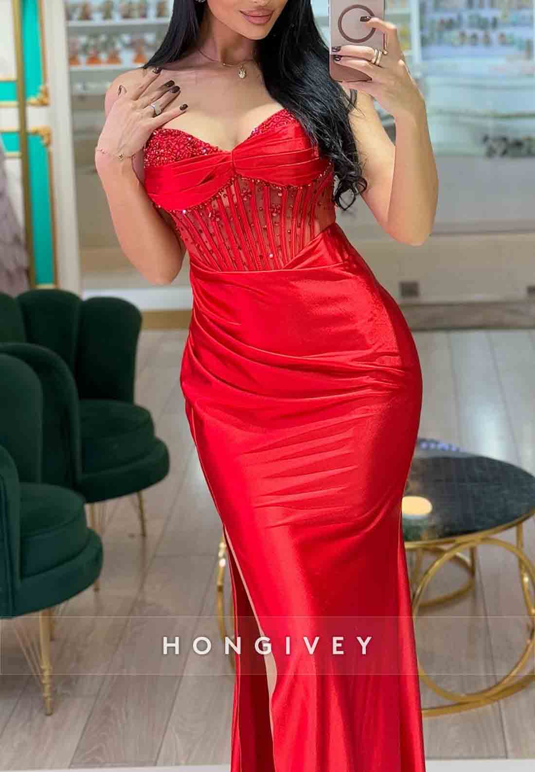 Strapless Elastic Satin Sweetheart Floor-Length Sleeveless Side Slit Trumpet Evening Gowns