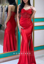 Strapless Elastic Satin Sweetheart Floor-Length Sleeveless Side Slit Trumpet Evening Gowns