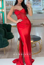 Strapless Elastic Satin Sweetheart Floor-Length Sleeveless Side Slit Trumpet Evening Gowns