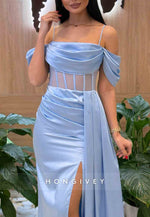 Spaghetti Straps Off-Shoulder High Slit Side Draping Pleated Floor-Length Evening Gown