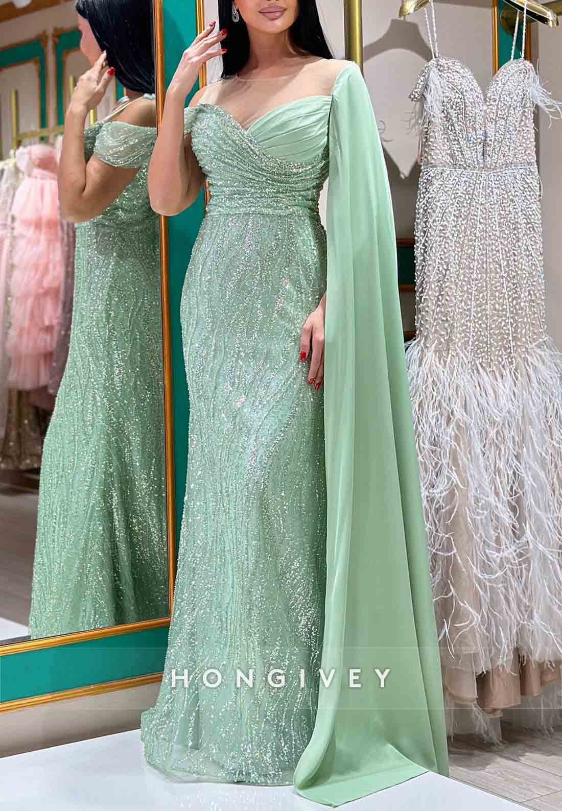 Turquoise Side Draping Floor-Length Trumpet Illusion Neck Evening Gowns