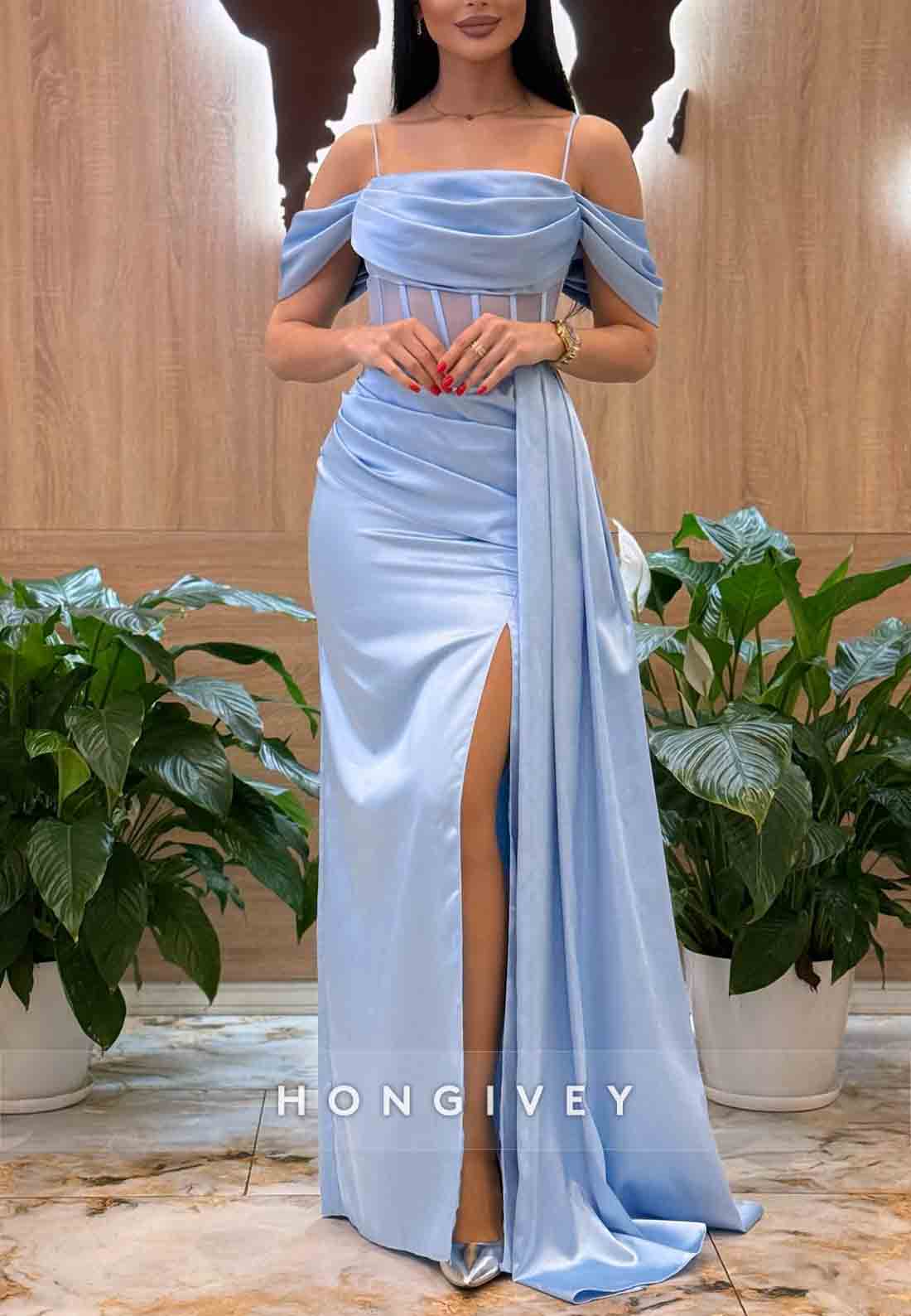 Spaghetti Straps Off-Shoulder High Slit Side Draping Pleated Floor-Length Evening Gown