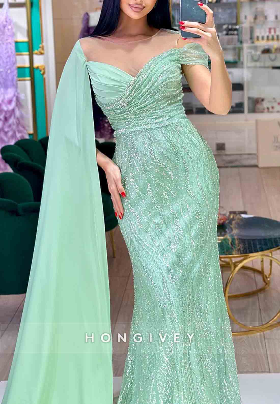 Turquoise Side Draping Floor-Length Trumpet Illusion Neck Evening Gowns
