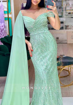 Turquoise Side Draping Floor-Length Trumpet Illusion Neck Evening Gowns