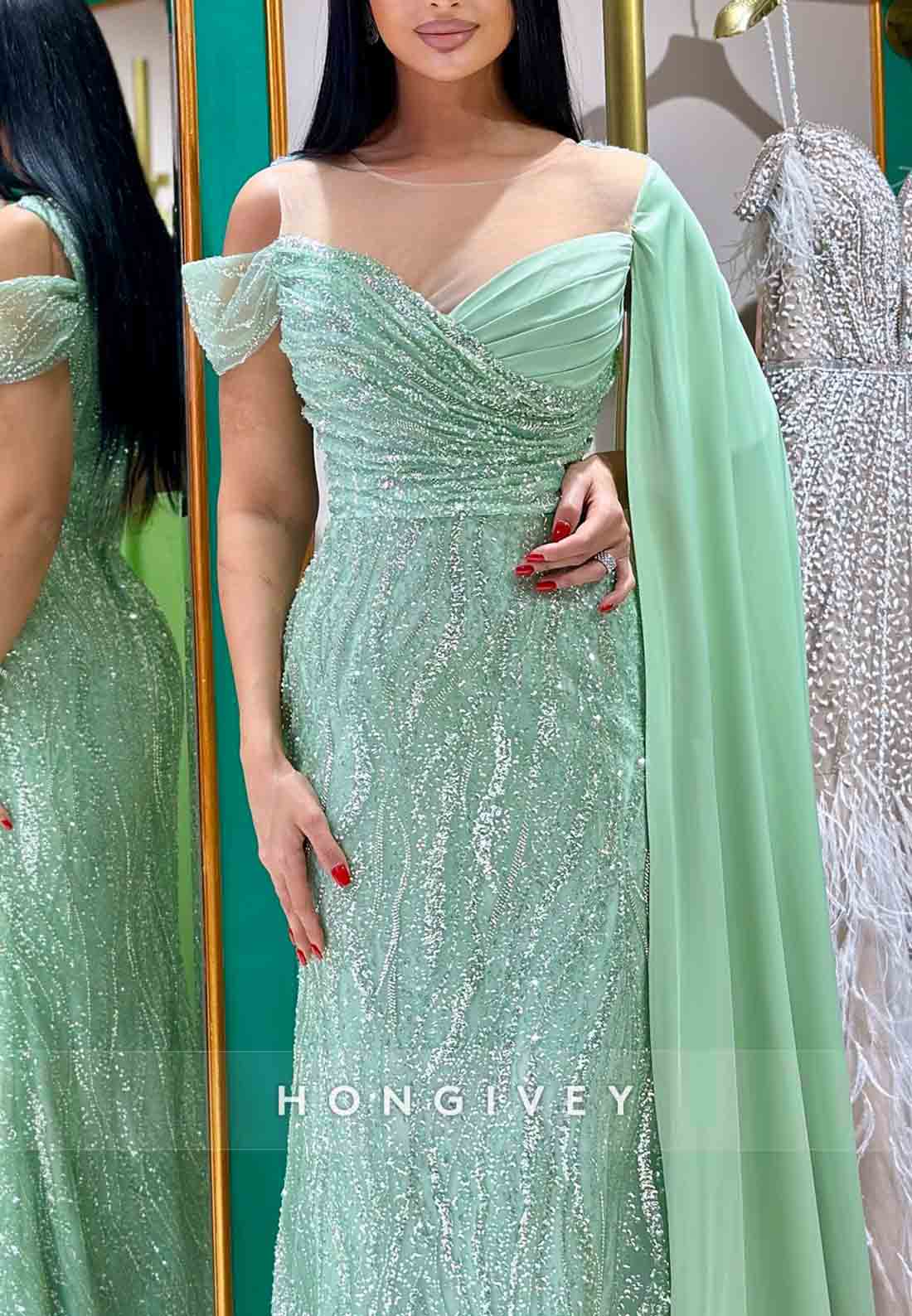 Turquoise Side Draping Floor-Length Trumpet Illusion Neck Evening Gowns