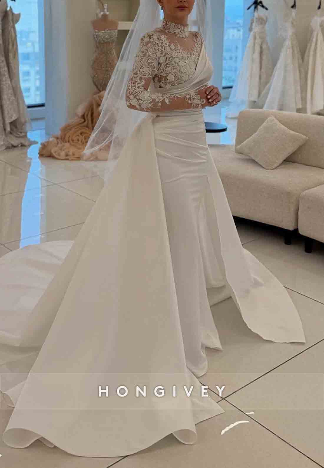 Long Sleeves Satin Detachable Appliqued High Neck Wedding Dresses