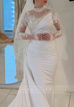 Long Sleeves Satin Detachable Appliqued High Neck Wedding Dresses