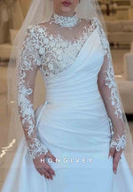 Long Sleeves Satin Detachable Appliqued High Neck Wedding Dresses