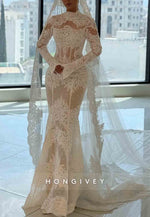 Lace High Neck Long Sleeves Tie Back Court Train Mermaid Wedding Dresses