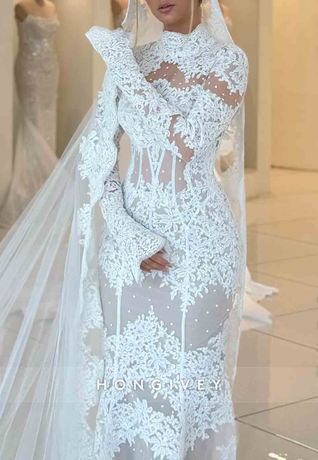 Lace High Neck Long Sleeves Tie Back Court Train Mermaid Wedding Dresses