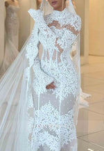 Lace High Neck Long Sleeves Tie Back Court Train Mermaid Wedding Dresses