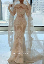 Lace High Neck Long Sleeves Tie Back Court Train Mermaid Wedding Dresses