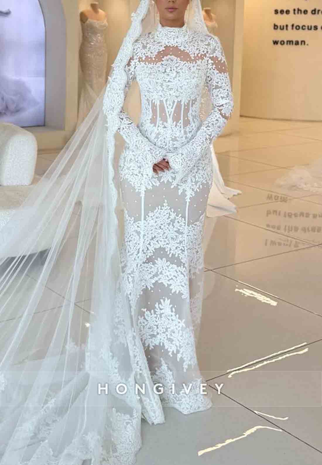 Lace High Neck Long Sleeves Tie Back Court Train Mermaid Wedding Dresses