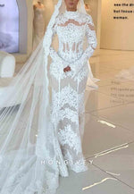 Lace High Neck Long Sleeves Tie Back Court Train Mermaid Wedding Dresses
